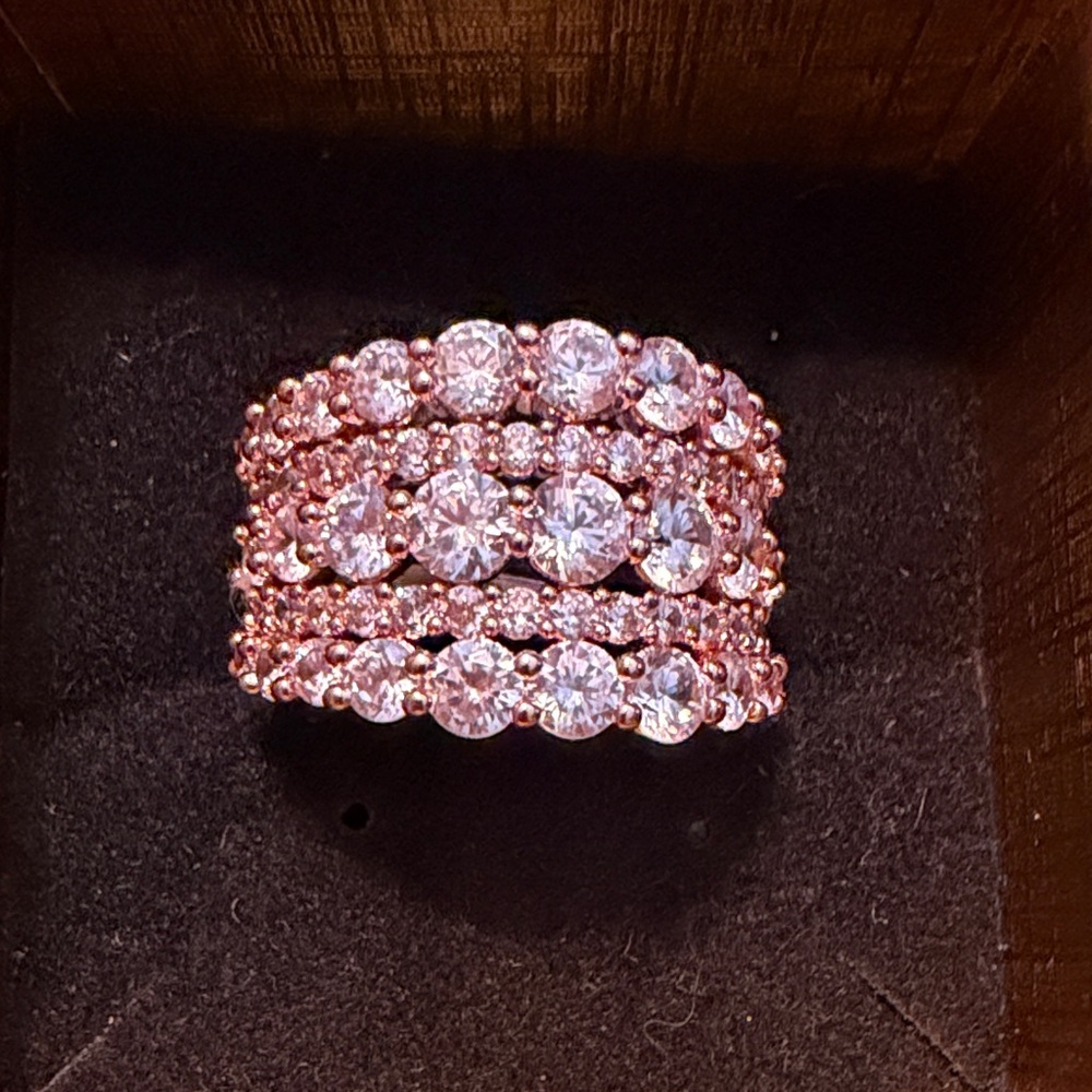 Rose Gold Multi-Row Sparkle Ring with Clear Crystals